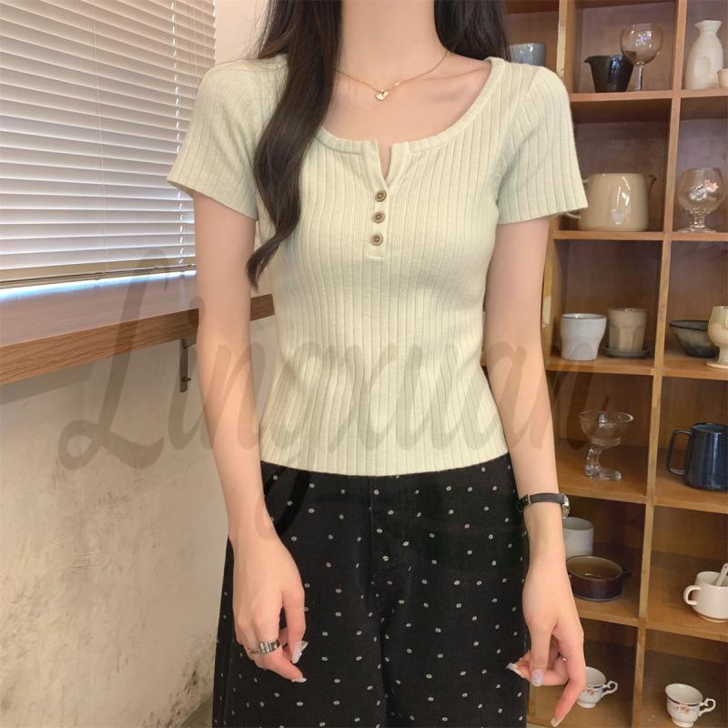 Spring/Summer Korean Slim-Fit Square Neck Buttoned Ribbed Knit Top One Size
