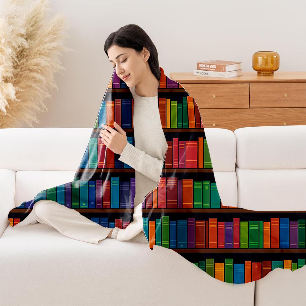 1Pc Monet-Inspired Bookshelf Print Plush Blanket - Thick All-Season Soft Bedspread With Multicolor Book Pattern (Monet'S Library