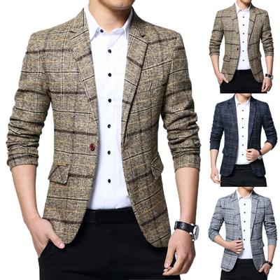 Mode Herren Karo Revers Slim Fit Blazer Jacke Mantel Ein Knopf Business