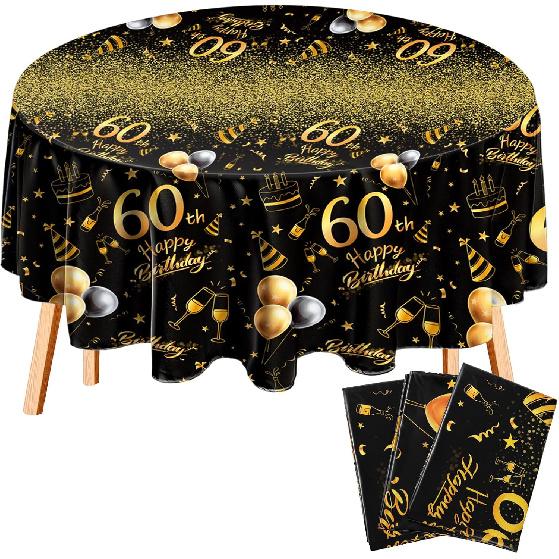 Oudain 3 Pack 50th/70th/80th Round Birthday Tablecloth Black and Gold Happy Birthday Party Decorations 84 inch Disposable Plastic Table Cover
