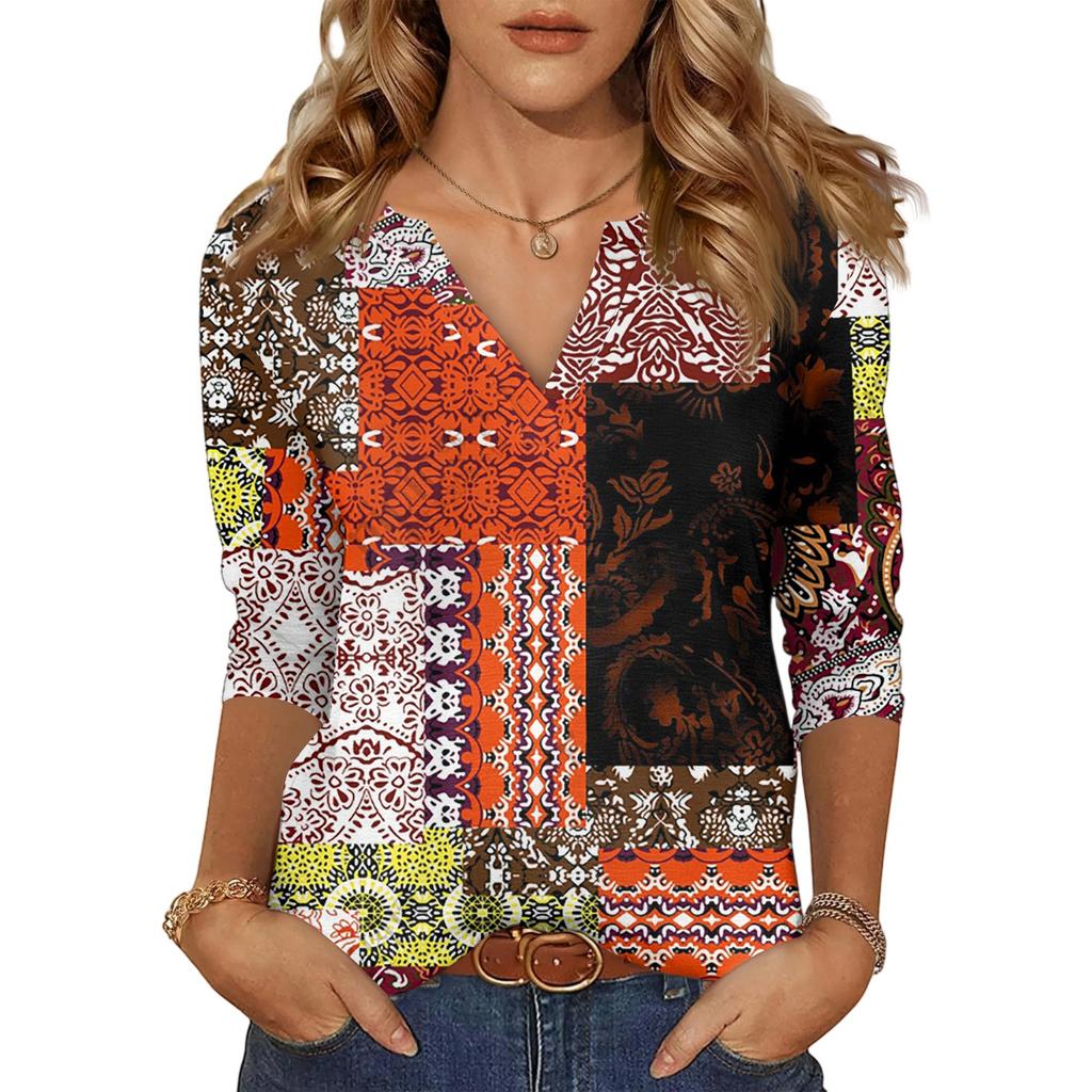 Women's Casual Fashion Sexy Comfortable V-Neck Floral Seven Sleeve Top
