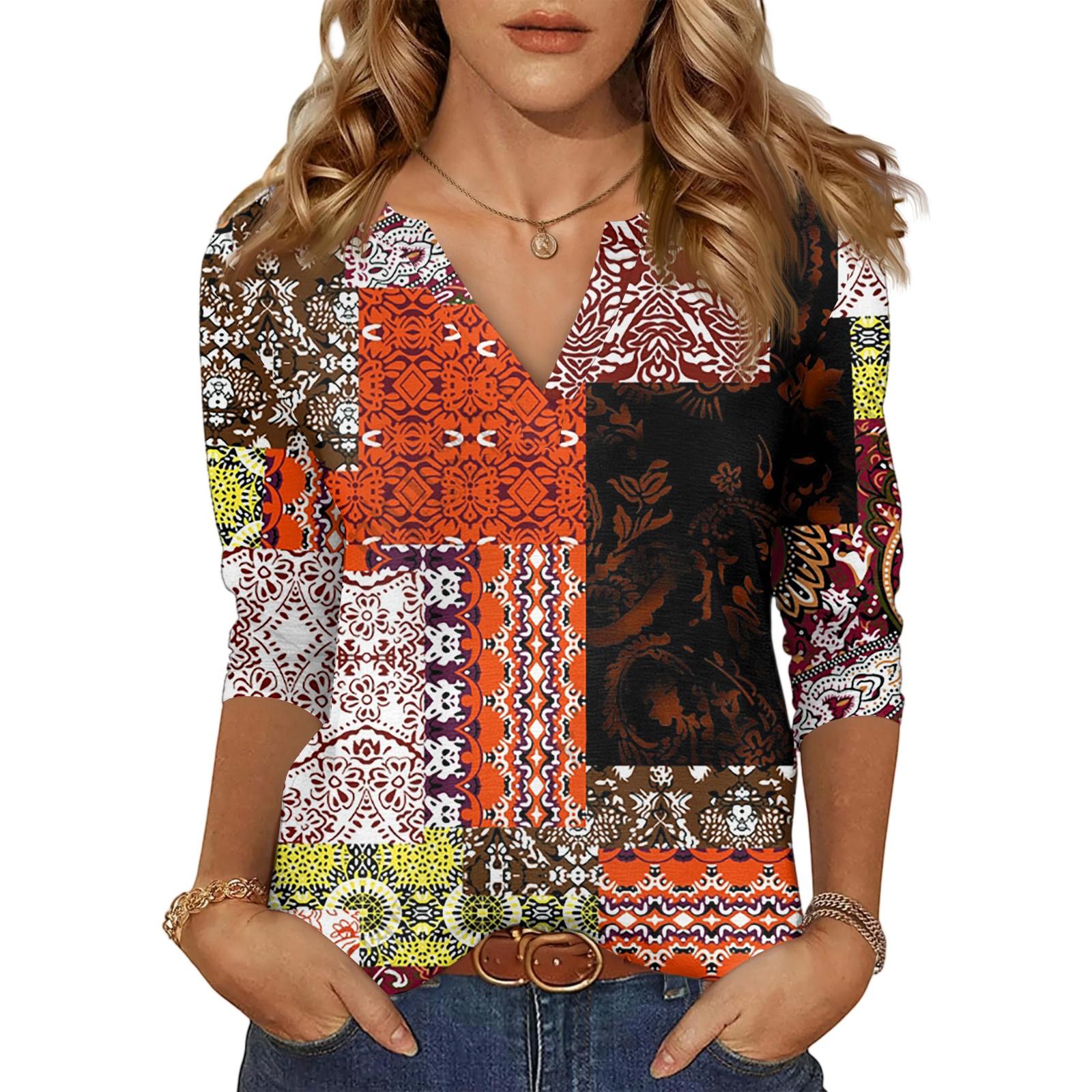 Women s Casual Fashion Sexy Comfortable V-Neck Floral Seven Sleeve Top L