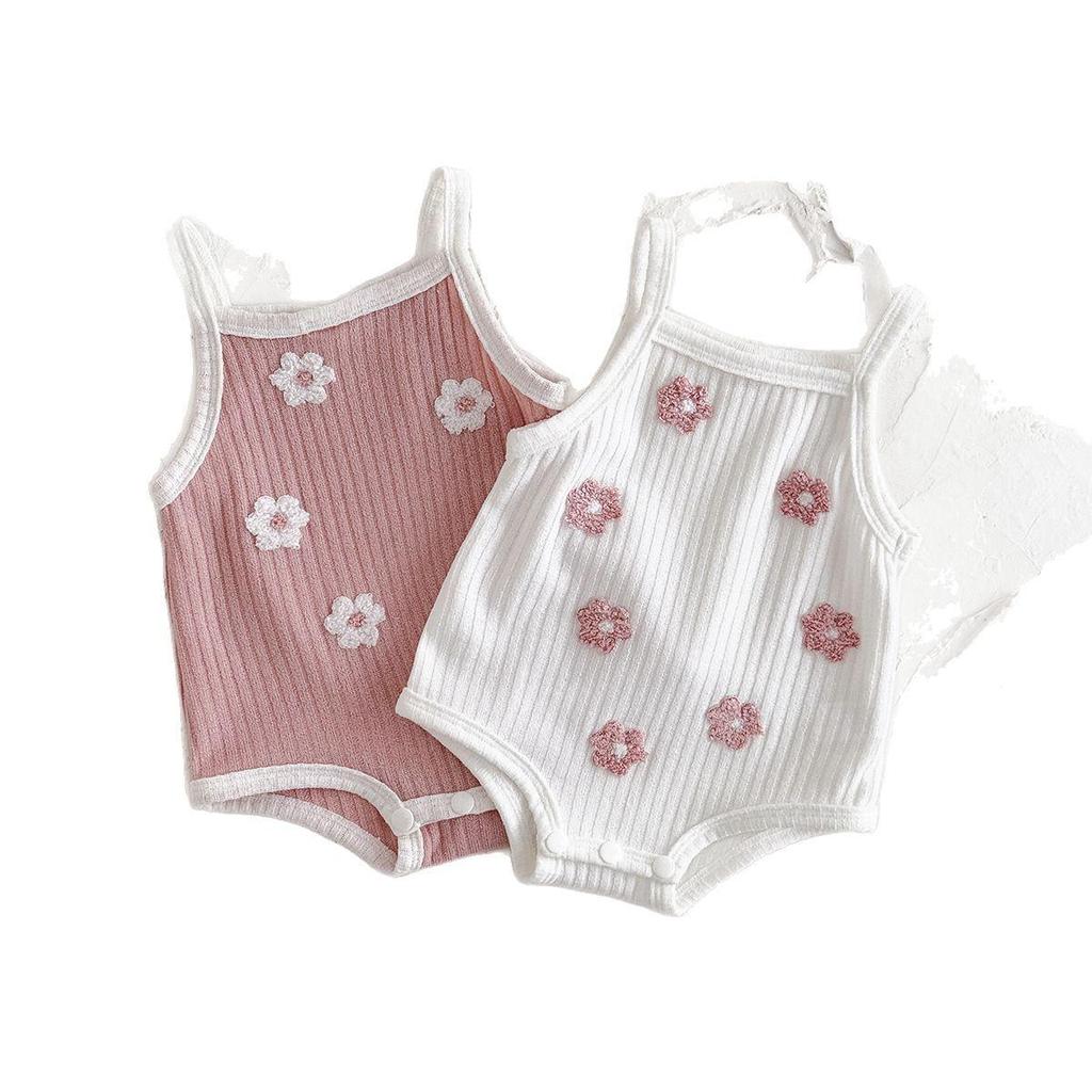 Baby Girl Floral Embroidered Strappy Romper - Breathable Summer Bodysuit with Comfortable Square Neck