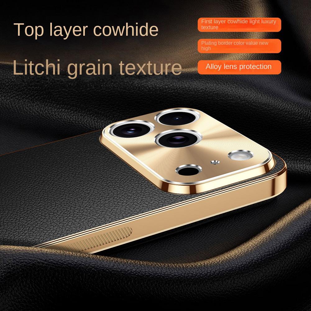 First Layer of Cowhide Lychee Texture Electroplated Frame Case For iPhone 17 Pro Max Air 16e 16 15 Pro 14 13 Lens Protect Cover