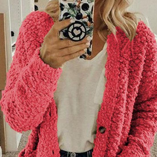 Women Sweater Coat Long Sleeve Collarless Knitting Jacket with Pockets Loose Fit Solid Color Tops Coat Autumn Winter Wear