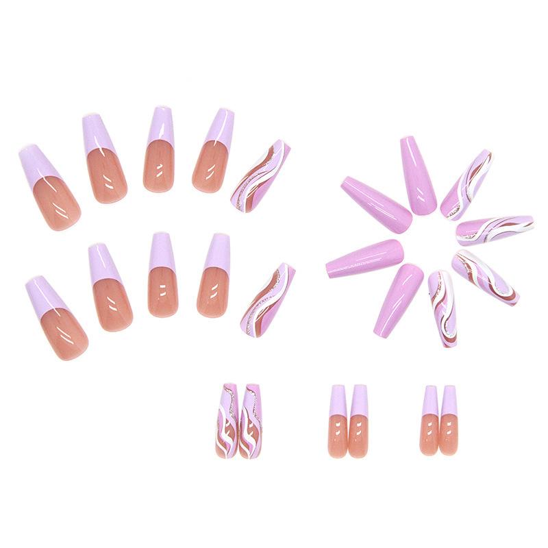 Umělé nehty Dlouhé Baletní Fialové Jemné Vlnky Lesklé Úlomky Sestavené Nehtové Dílky