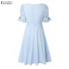 ZANZEA Womens Square Collar Casual Mesh Splice Short Sleeve A-Line Dress