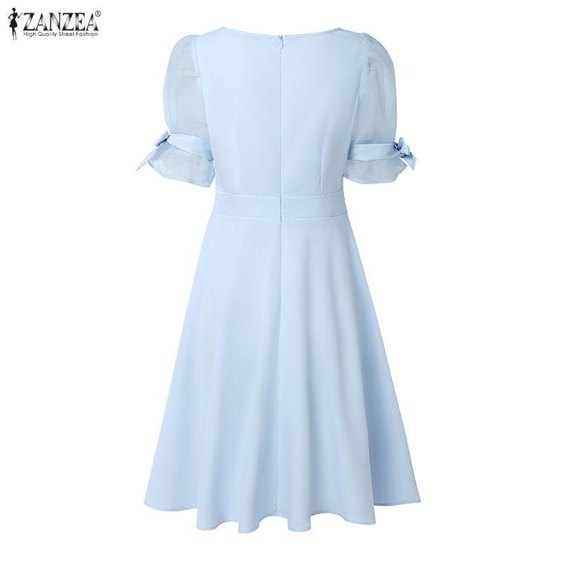 ZANZEA Womens Square Collar Casual Mesh Splice Short Sleeve A-Line Dress
