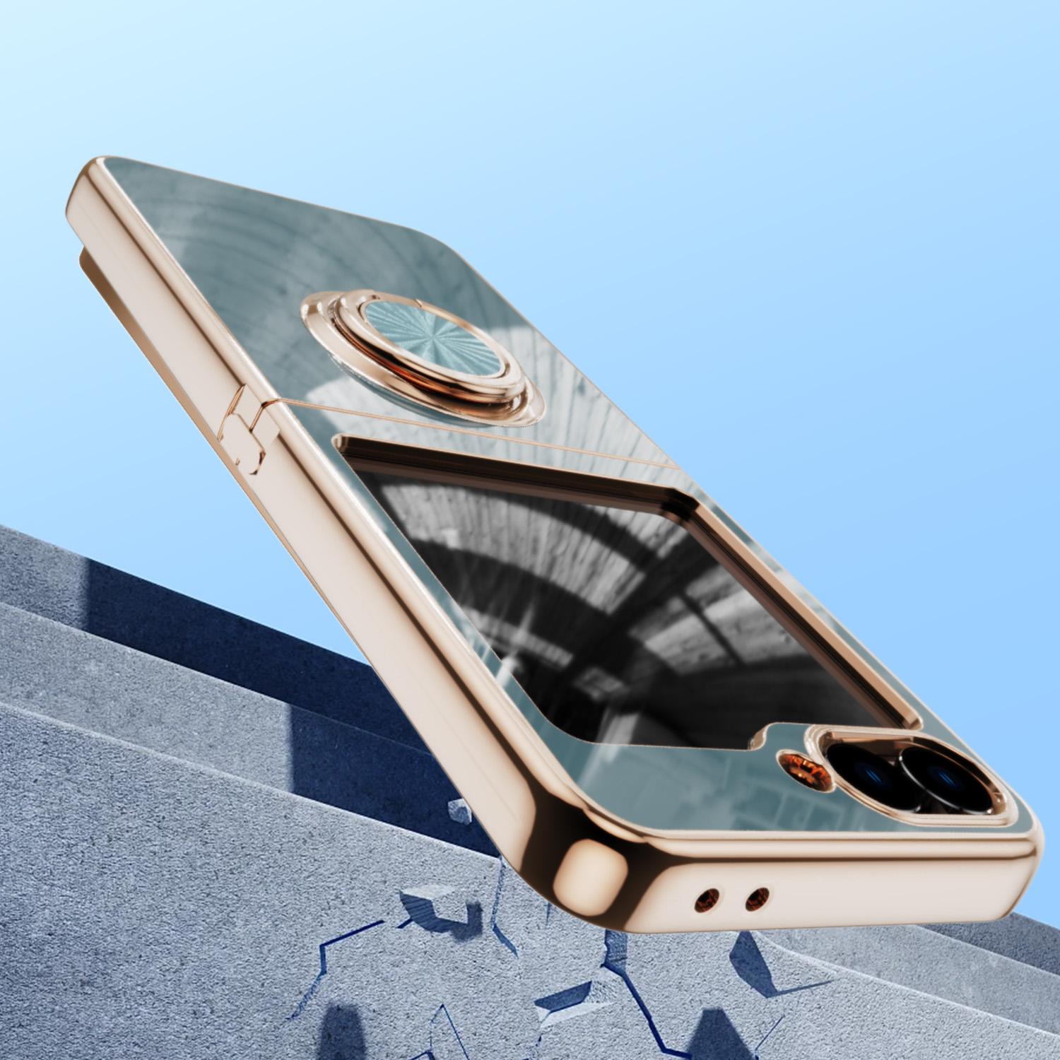

For Samsung Galaxy Z Flip6 5G Case Precise Cutouts 6D Electroplating TPU Phone Cover with Ring Holder Light Cyan