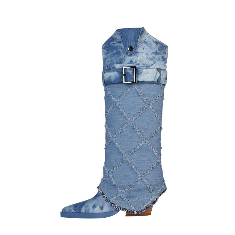 Fashion Kaky's new denim hollowed out pointed toe super high heels large boots high boots 44 45 46