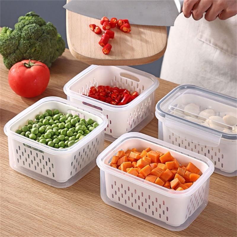 Refrigerator Storage Box for Food Preservation Vegetable and Fruit Organizer Crisper Double Layer Sealing Box with Lid