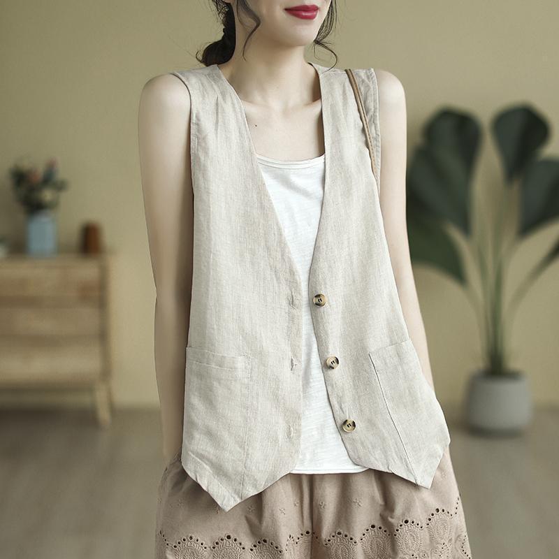 Women's V-Neck Cotton Linen Waistcoat - Sleeveless, Lightweight Summer Outerwear