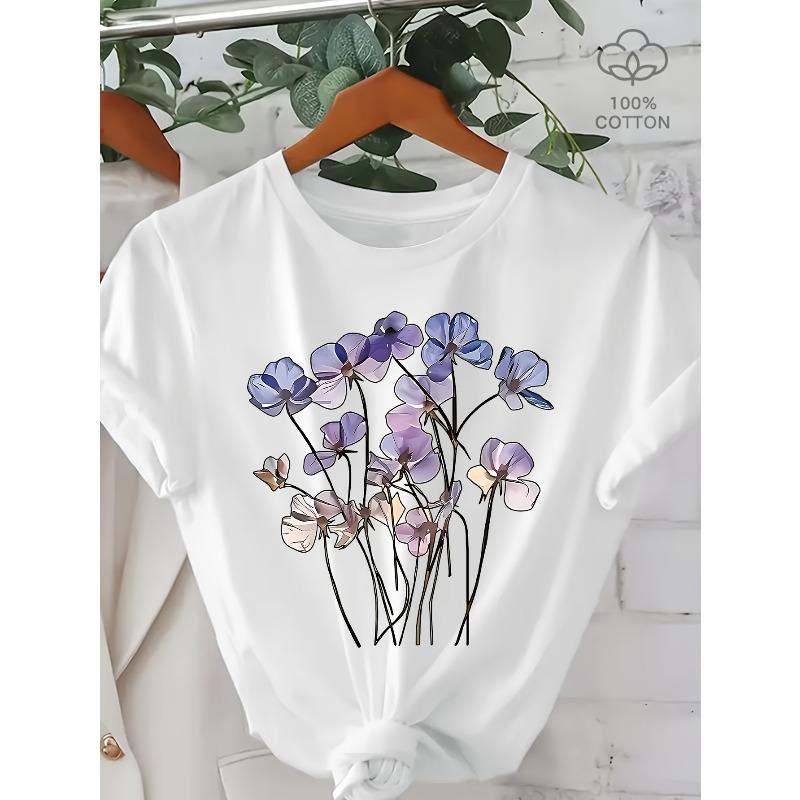 European Size Women'S Floral Print T-Shirt - Short Sleeve,Round Neck,Casual Spring/Summer Top with Vibrant Purple & Blue Flower Design,Everyday Tshirt