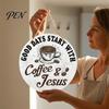 Rustic Coffee Bar Decor Wooden Signs, Themed Hanging Sign, Cup Farmhouse Corner Decorations Shape & Round Wood Plaque for Kitchen Wall Solid Signage