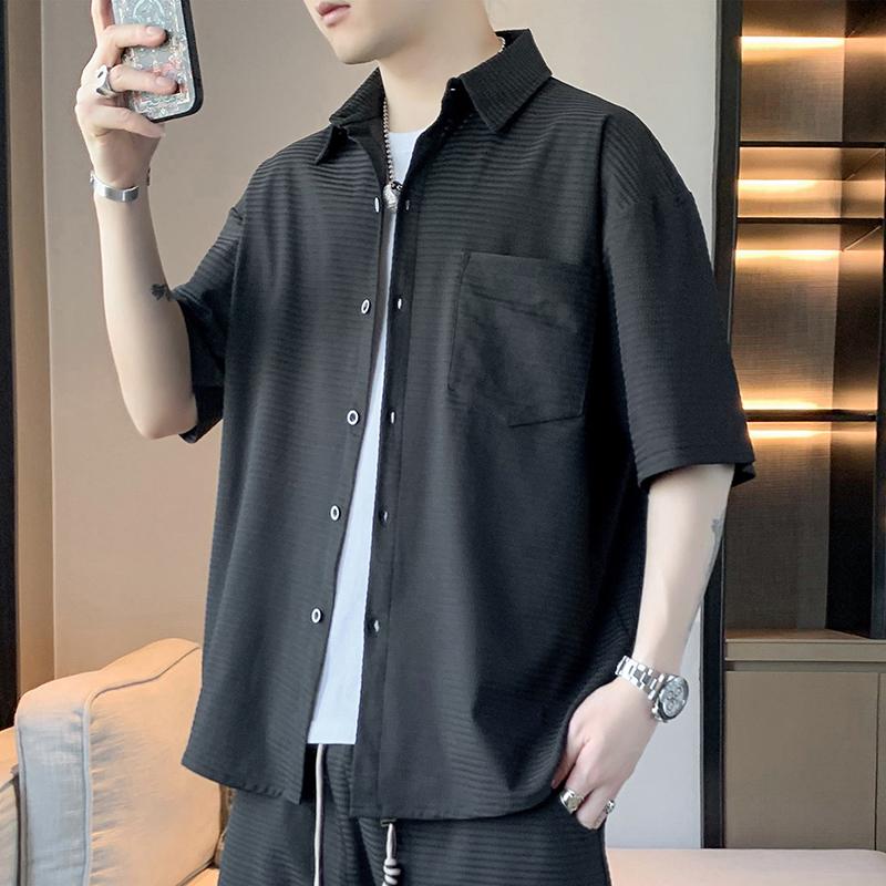Camisa Masculina de Malha Waffle com Manga Curta e Botões - Casual de Caimento Solto com Bolso no Peito