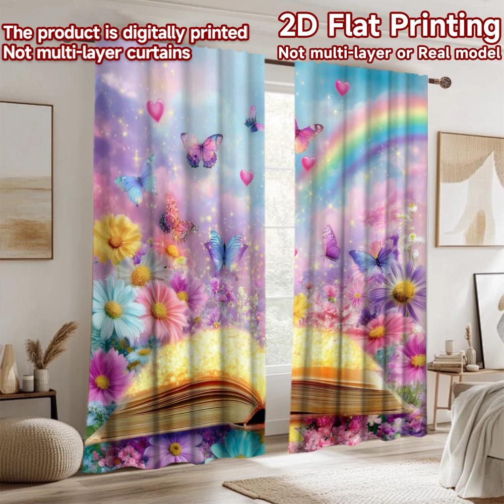 2D flat printing 2pcs Window Drapes Butterfly Rainbow Dream Book Digital Printed Polyester Drapes Family Party for Holiday
