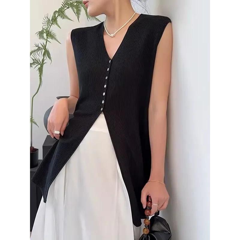 Summer Women's Casual Sleeveless Button Down Blouse V Neck Longline Vest