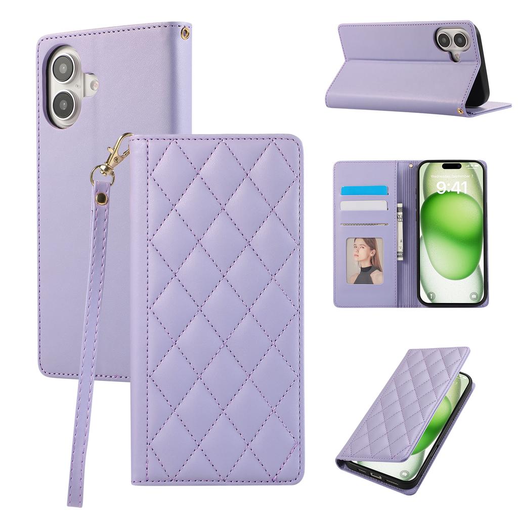 For iPhone 16 Case RFID Blocking Wallet Stand Rhombus Leather Phone Cover with Wrist Strap