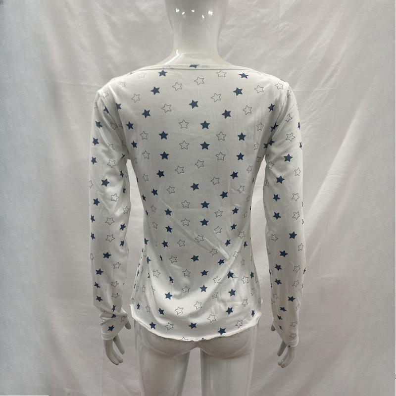 Y2K autumn sweet and fresh star print long sleeved women's round neck slim fit top