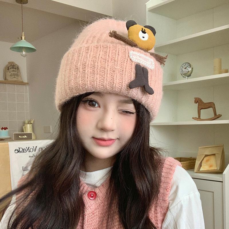 Cute Pullover Hat for Women Autumn and Winter Bear Patch Woolen Hat Korean Style Versatile Warm Ear Protection Cute Knitted Hat