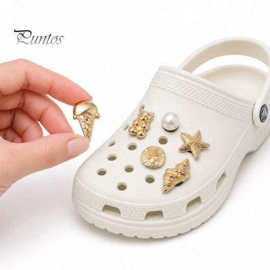 Metal Shoe Charms 6Pcs/Set Gold-Tone Charms, Summer Ice Cream Shell Starfish Faux Pearl for Clogs Women Girls Beach Footwear Decor Scratch-resistant
