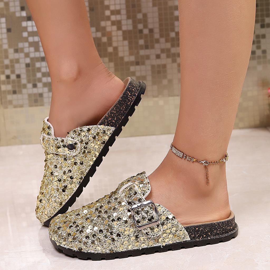 Flat Shoes for Women Clog Sandals Sparkly Slip-On Slippers Cork Footbed Indoor Outdoor Comfort Mules Women's Round Closed Toe Arch Support Slides