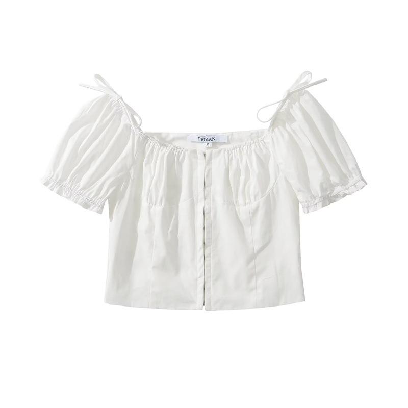 Retro Weißes Puffärmel Schnürung Cropped Top für Damen