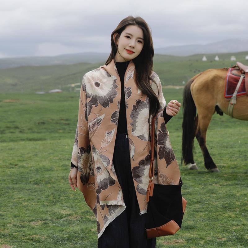 Yunnan Travel Wear Imitation Cashmere Scarf Women's New Flower Warm Fashion Large Shawl Photo Versatile Scarf