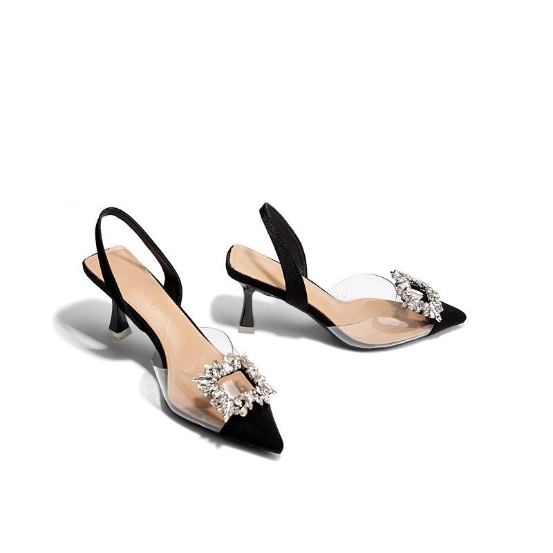 Summer new fashion rhinestone square buckle transparent belt splicing pointed head bag head thin heel high heel sandals women's shoes