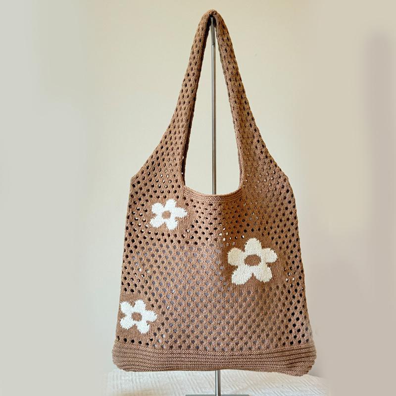 Damen-Umhängetasche mit großem Fassungsvermögen, modisches Blumenmuster, gehäkelte Tragetasche, All-Match-Tasche, süße Gürteltasche, Stricktasche