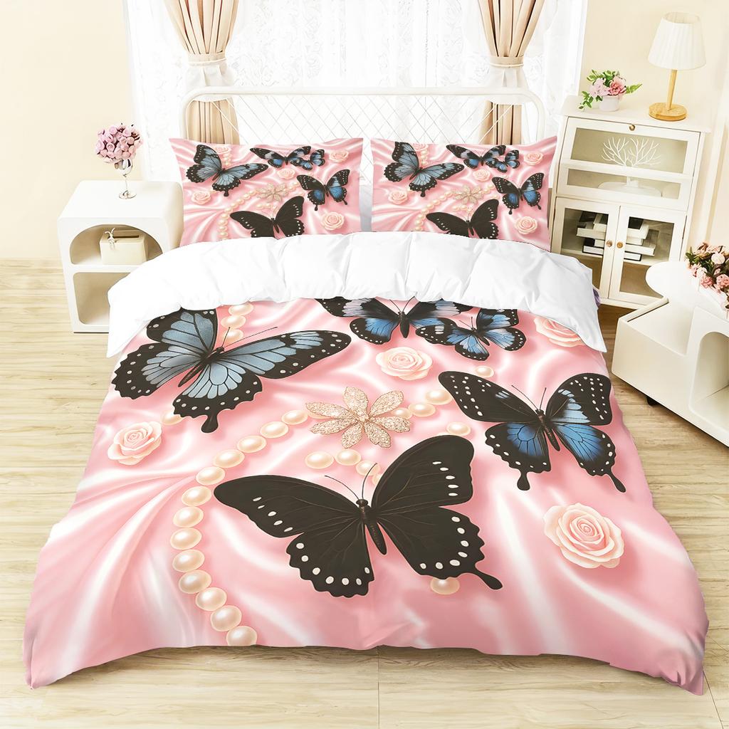 Comforter 3Pcs Pink Bedding Set Rose Butterfly 3D Printed Cozy Soft King Queen Twin Size Birthday Gift For Adult Bedroom Decor
