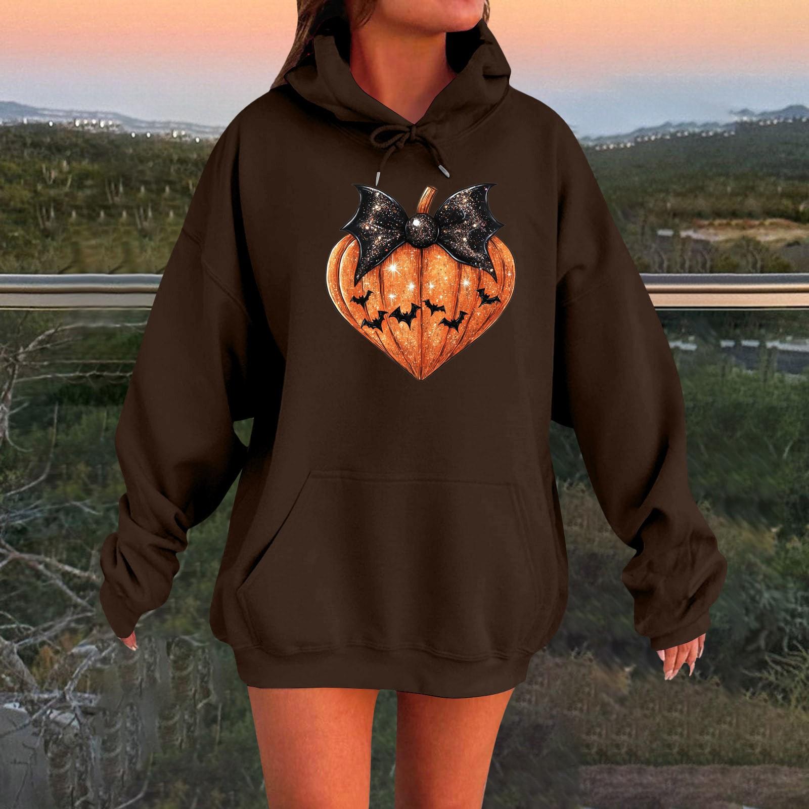 

Женский плюшевый свитшот с длинными рукавами оверсайз со спущенными плечами и капюшоном с принтом на Хэллоуин XXL кофейный