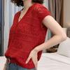 Women's Red Short Sleeve Summer Cardigan - Hollow Knit, Loose, Slimming, Breathable