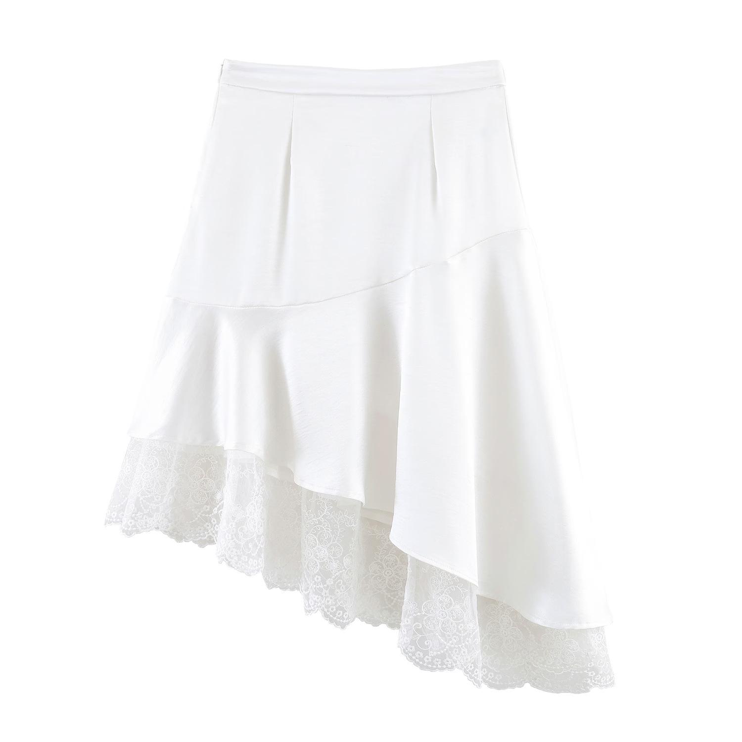 Европейская весенняя атласная кружевная юбка с асимметричным подолом 2026 - Женская мода Extra Large белый