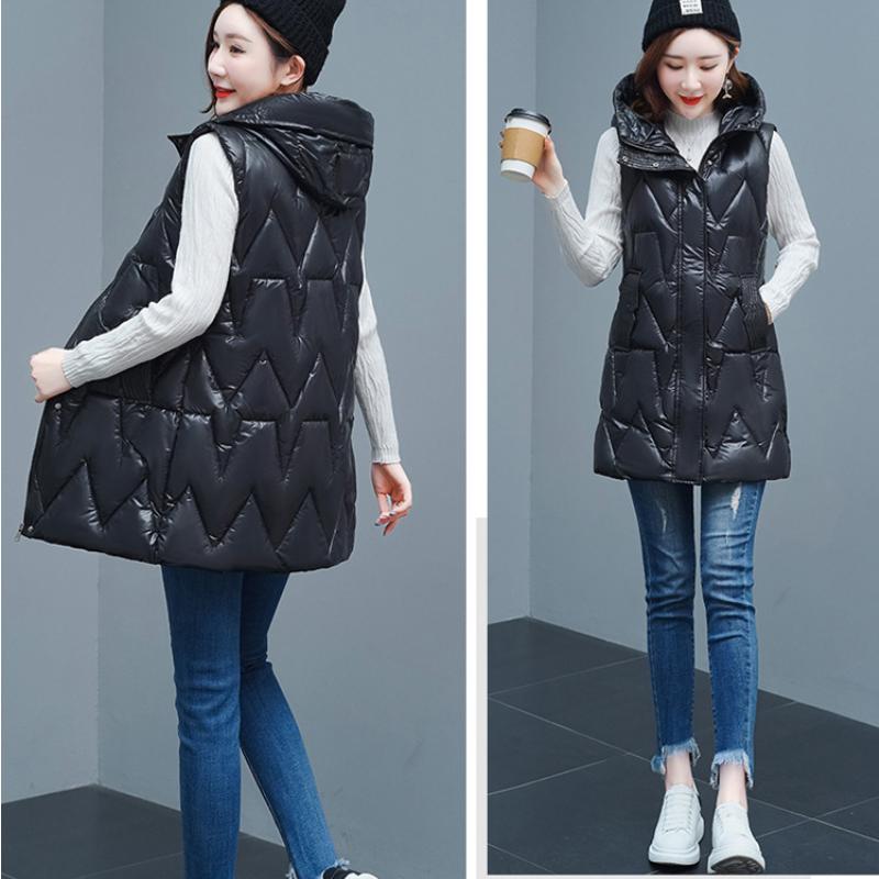 Outono e inverno feminino cor sólida com capuz solto espessamento quente meados de comprimento sem mangas colete jaqueta feminina