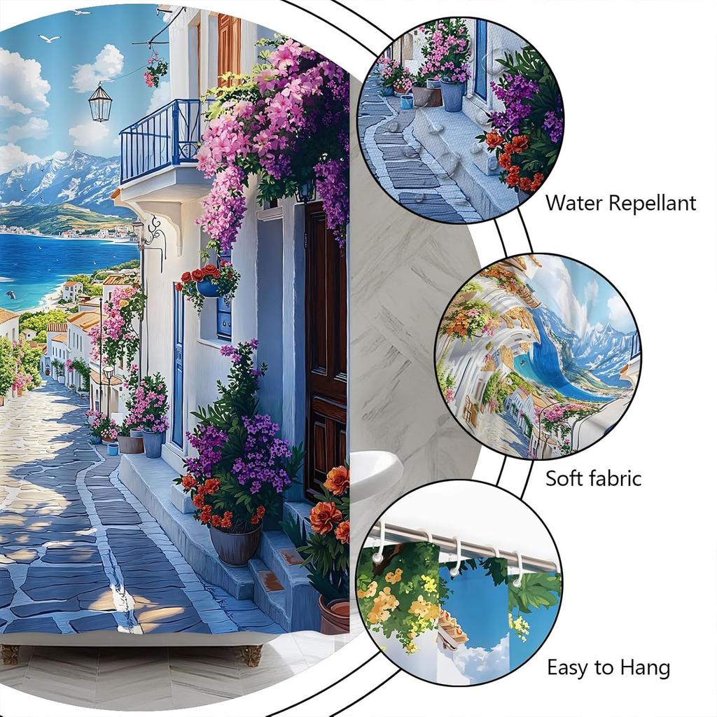 Coastal Shower Curtain Greece Natural Landscape Mediterranean White Architecture Italian Rustic European City Town Street Shower