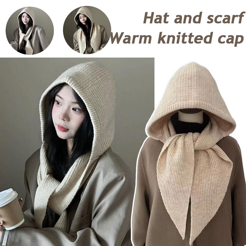 Knitted Beanies Cap For Women Winter Warm Integrated Hooded Hat Neck Collar Scarf Cap Ski Beanie Cold Hats Balaclava Caps Bonnet