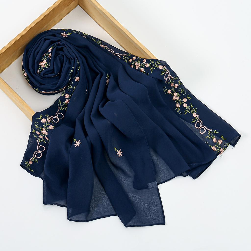 Woman Muslim Chiffon Hijab Scarf Ramadan Long Shawl Floral Embroidery Fashion Islam Solid Turban Headscarf Headwrap170*70cm