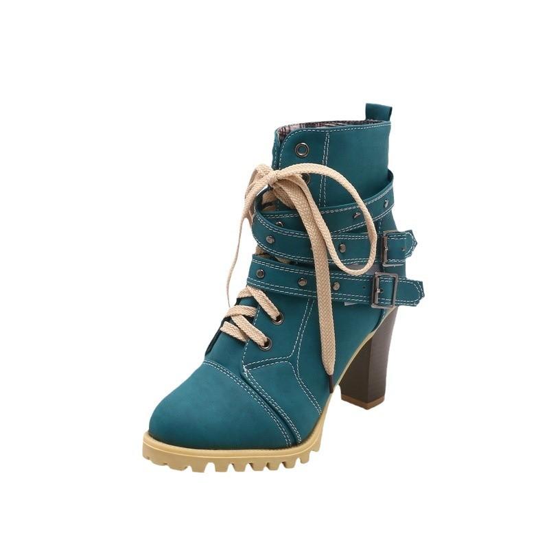 Front lace-up large-size women's boots, belt buckle, short boots, high-heeled rivet boots, long-term supply