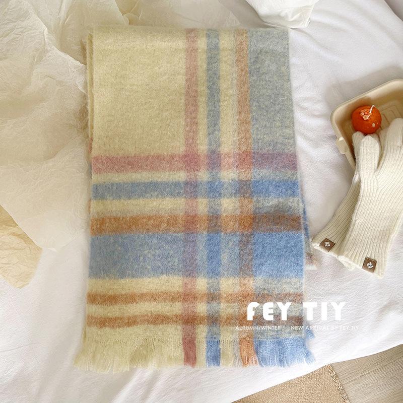 Fresh Mohair Plaid Scarf Women's Autumn and Winter Sweet Thickened Shawl Winter Warm Student Scarf Dual Use