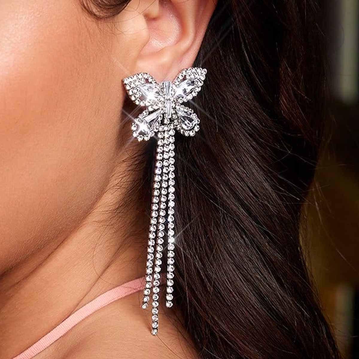 Elegant Butterfly Tassel Chain Earrings with Diamond Accents