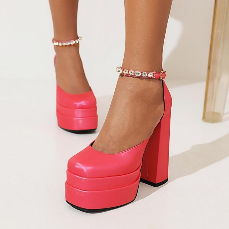 Women High Heels Sexy Ladies High Heel Sandals Buckle Square Toe Platform Shoes