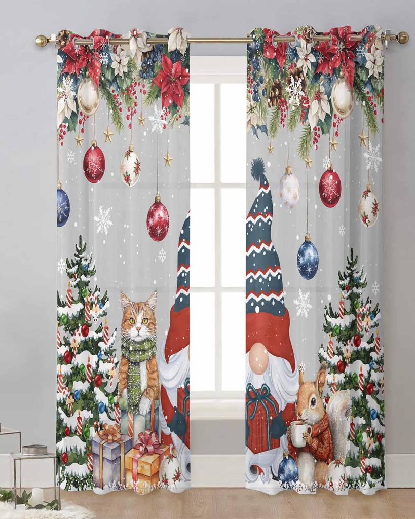Dwarf Snowflake Christmas Tree Ball Gift Cat Squirrel Sheer Curtains Room Decoration Window Curtain Kitchen Tulle Voile Curtains