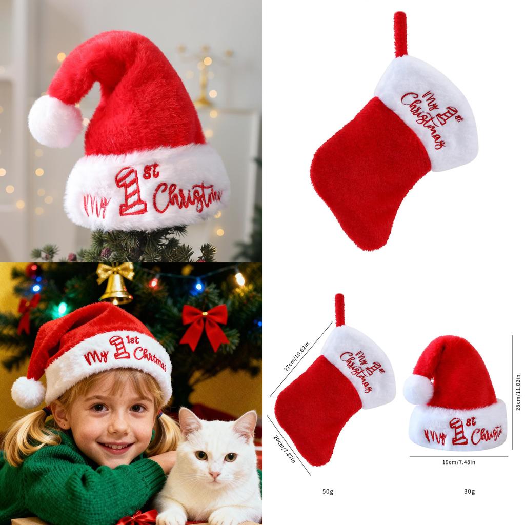 Christmas Plush Santa Hat And Stocking Set For Holiday Decor And Gift Bags