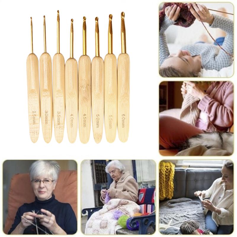 8X Bambusové háčky na háčkování Sada Jehly Pletení Rukojeť Vlna na pletení Šicí nástroje