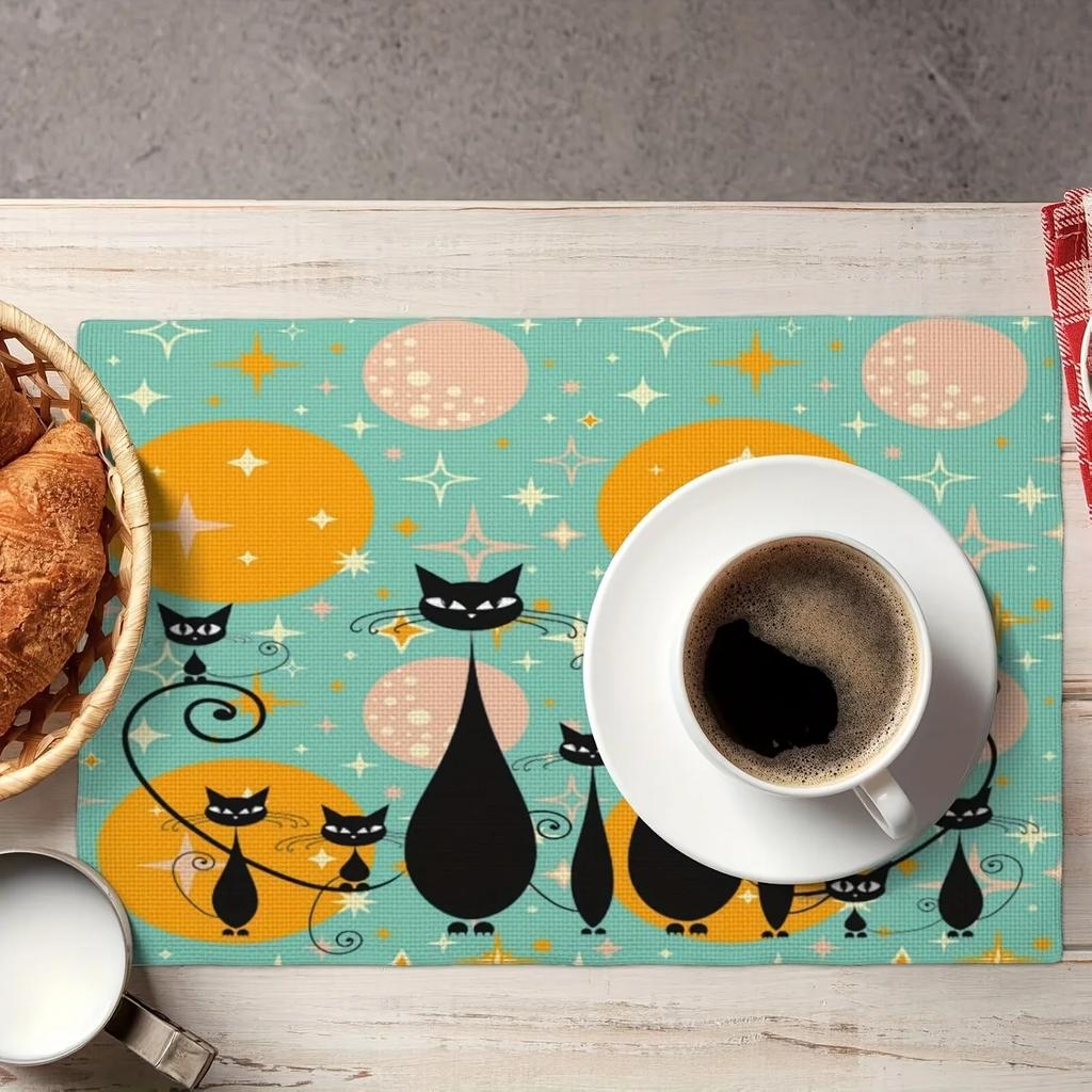 4PC Set of Medieval Black Cat Placemats Vintage Naughty Cat Abstract Geometric Atomic Starburst Placemat