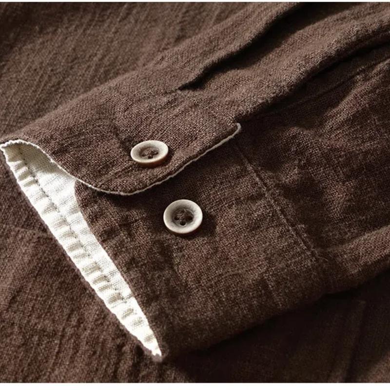 Chinese Style Long Sleeve Men Shirt Traditional Men Clothing Solid Color Stand Collar Cotton Linen Button Shirt Daily Casual Tops Big Pockets