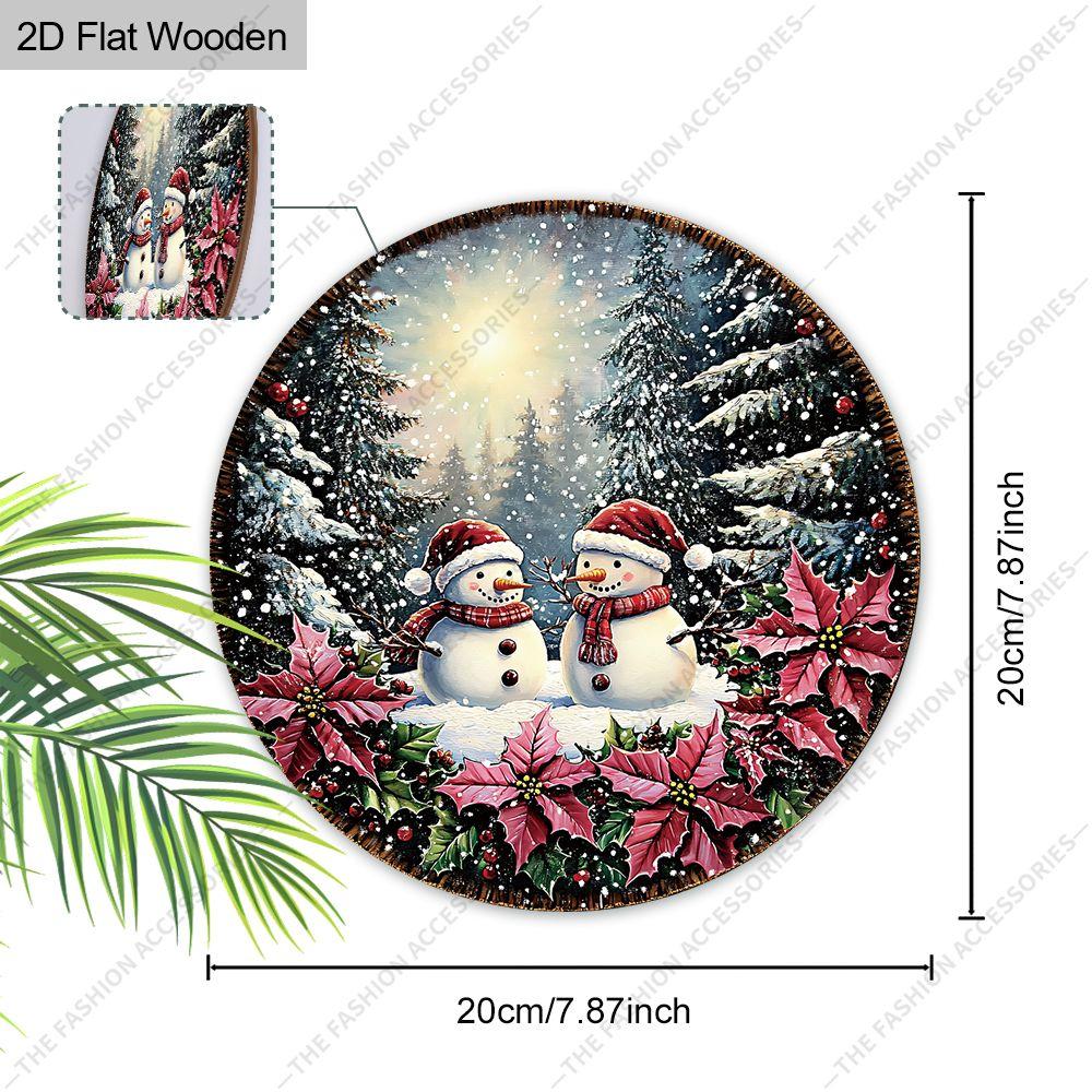 Snowman Winter Forest Poinsettia Round Wooden Hanging Sign, 2D Printed Christmas Front Door Wall Ornament