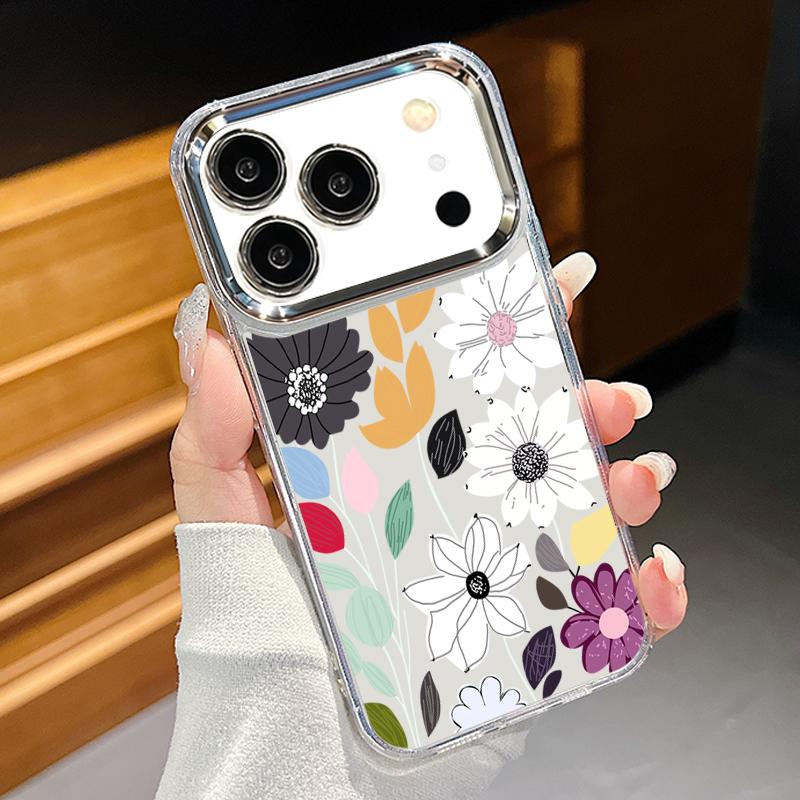 White Flower Pattern Case For iPhone 17 Pro Max iPhone 16 15 14 13 Pro Max 11 17e 16e Plating Lens Frame Clear Soft Silicone Back Cover