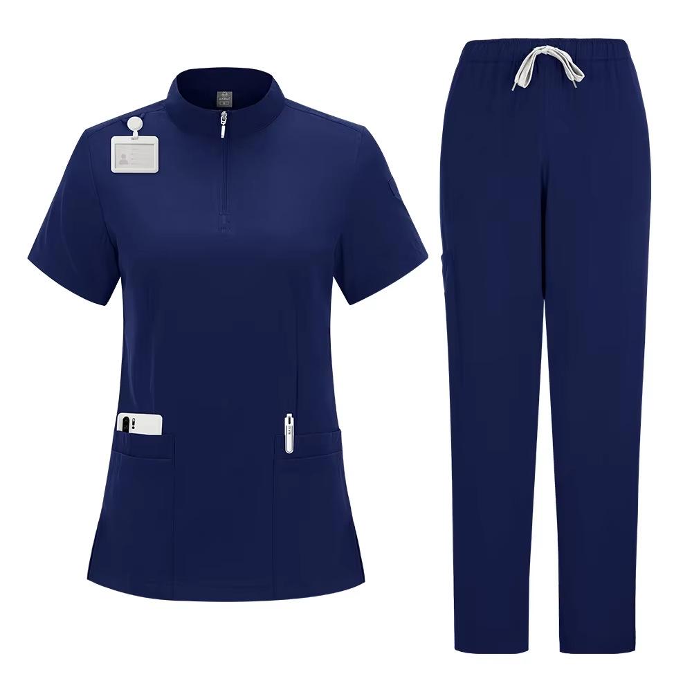 Solid Color Surgical Scrub Set: Stand-up Collar, Zipper Top, Straight Leg Pants